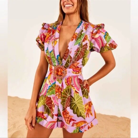 NWT Farm Rio Beaks & Bananas Ruffle Belted Romper Lilac l Medium l MSRP $220 - Picture 1 of 9